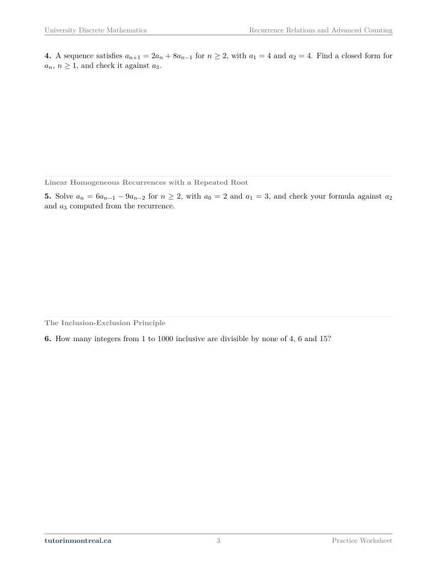 Page 3 of the University Discrete Math Recurrence Relations and Advanced Counting practice worksheet