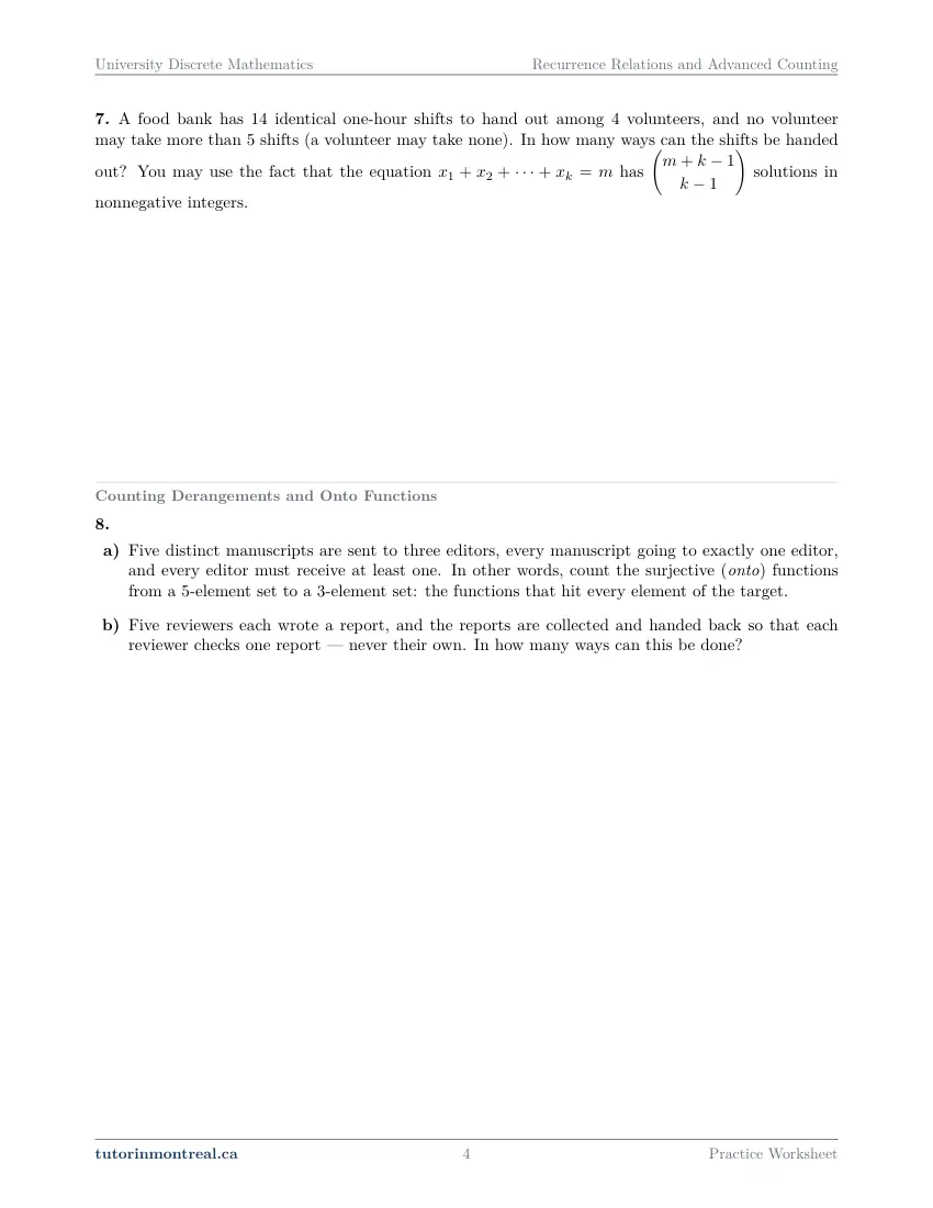 Page 4 of the University Discrete Math Recurrence Relations and Advanced Counting practice worksheet