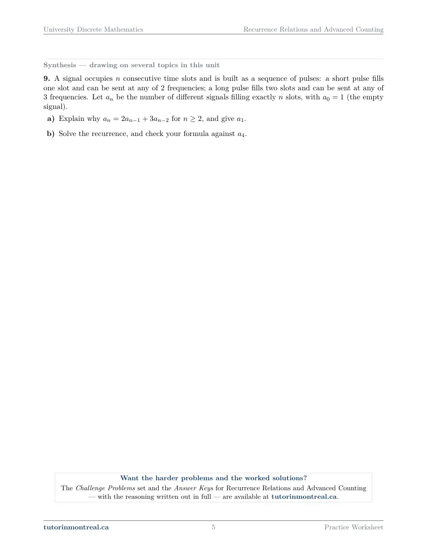 Page 5 of the University Discrete Math Recurrence Relations and Advanced Counting practice worksheet
