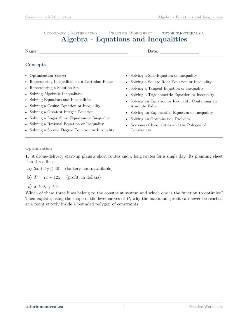 Page 1 of the Secondary 5 Math Equations and Inequalities practice worksheet
