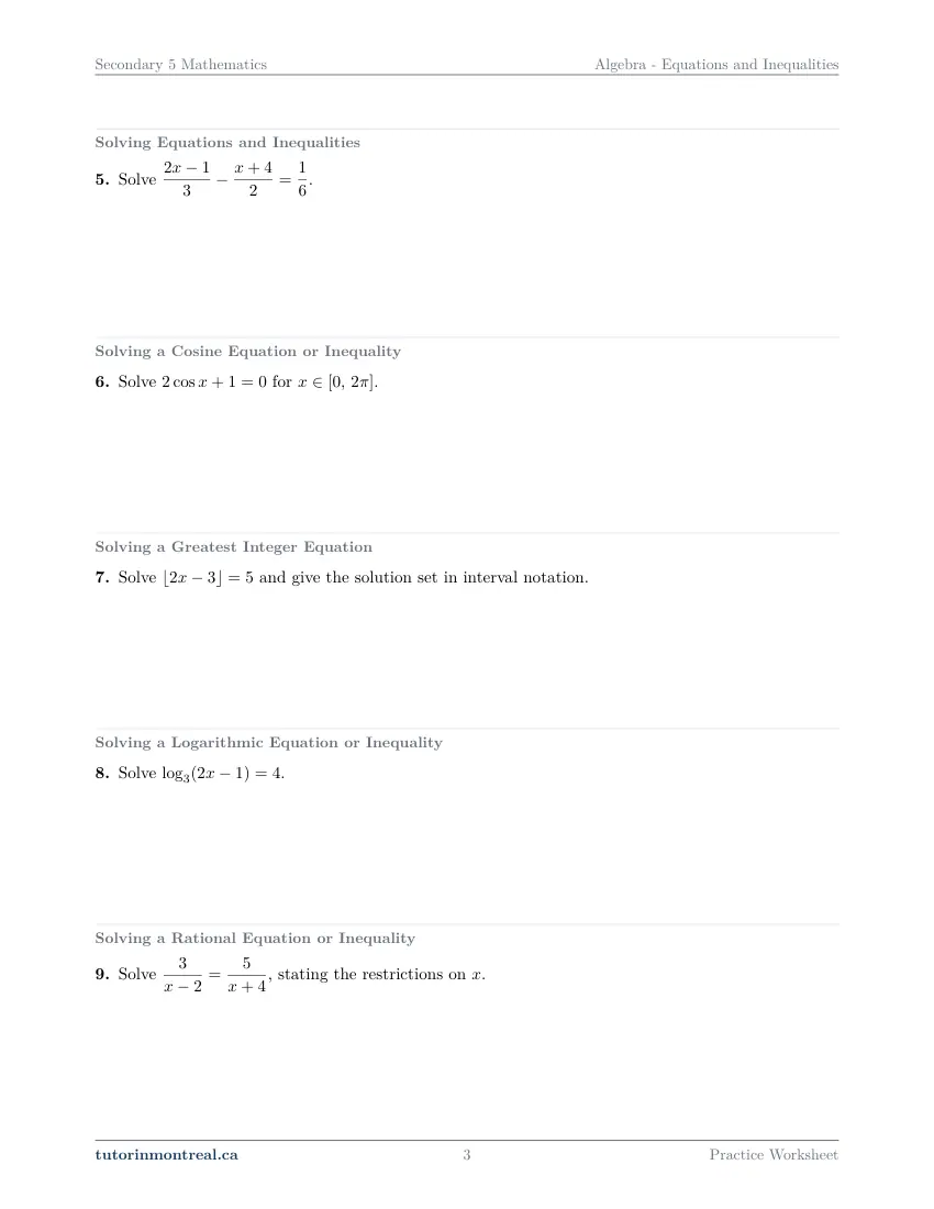 Page 3 of the Secondary 5 Math Equations and Inequalities practice worksheet