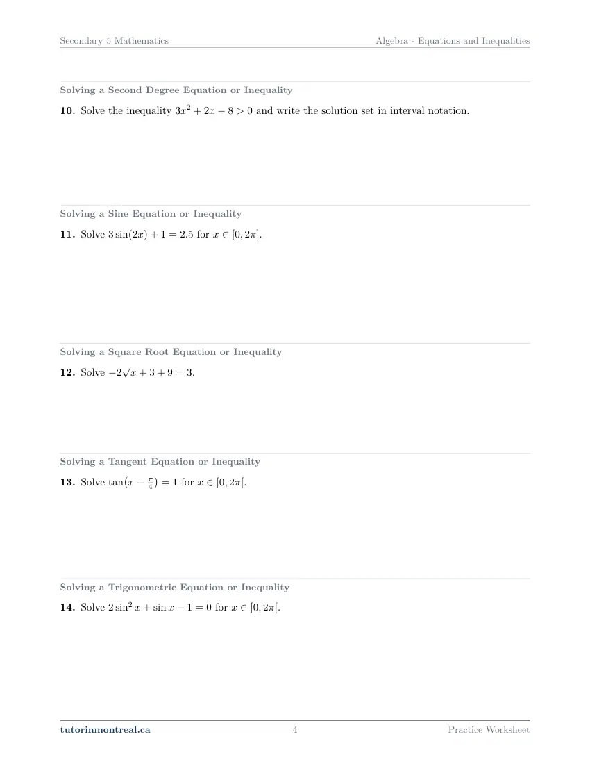 Page 4 of the Secondary 5 Math Equations and Inequalities practice worksheet