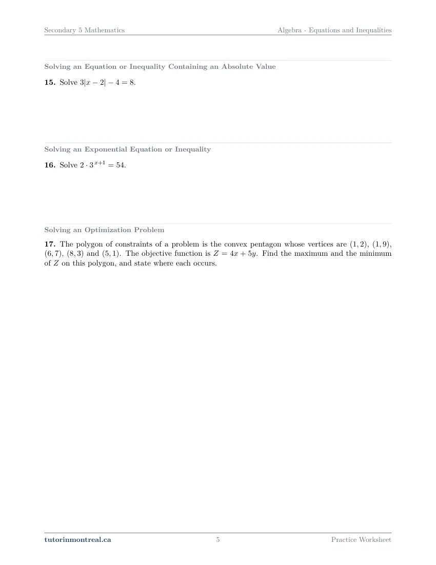 Page 5 of the Secondary 5 Math Equations and Inequalities practice worksheet