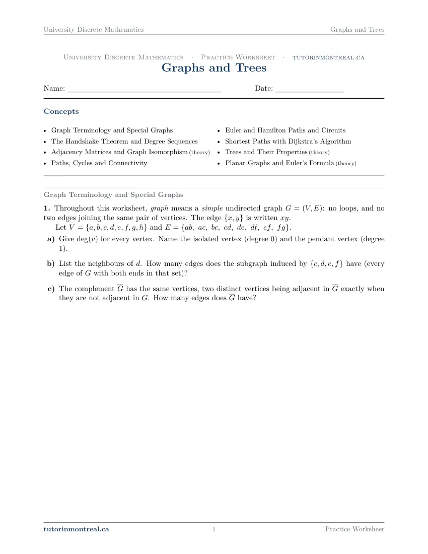 Page 1 of the University Discrete Math Graphs and Trees practice worksheet