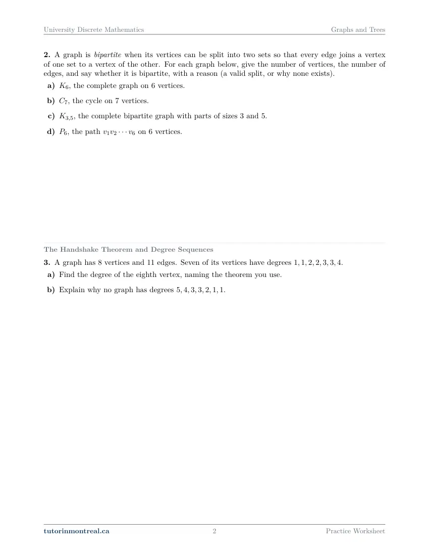 Page 2 of the University Discrete Math Graphs and Trees practice worksheet