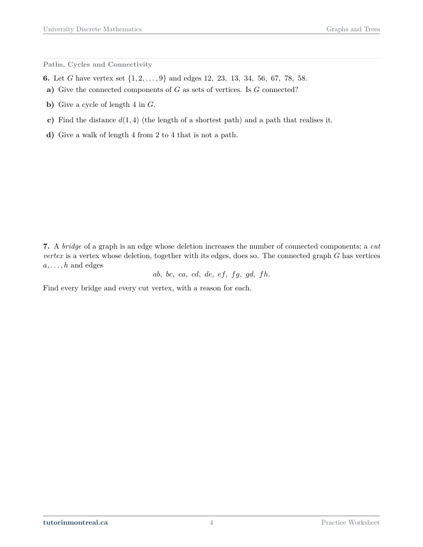 Page 4 of the University Discrete Math Graphs and Trees practice worksheet