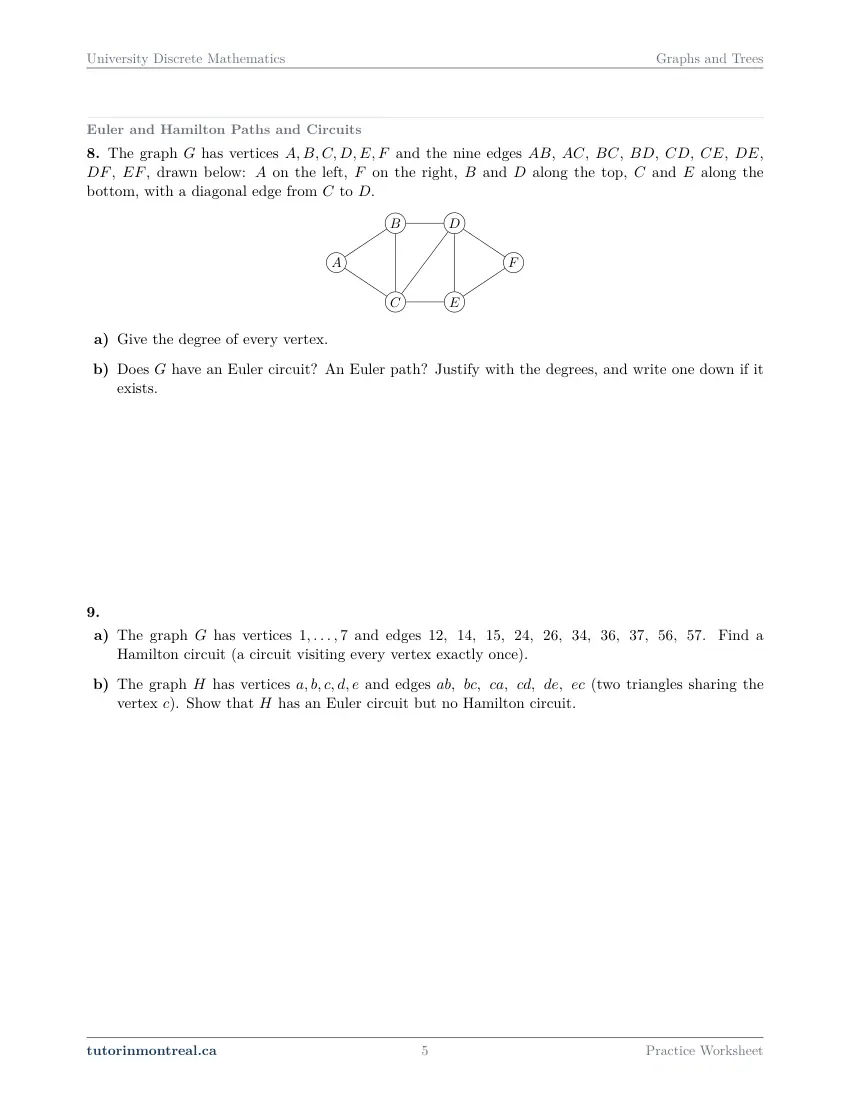 Page 5 of the University Discrete Math Graphs and Trees practice worksheet