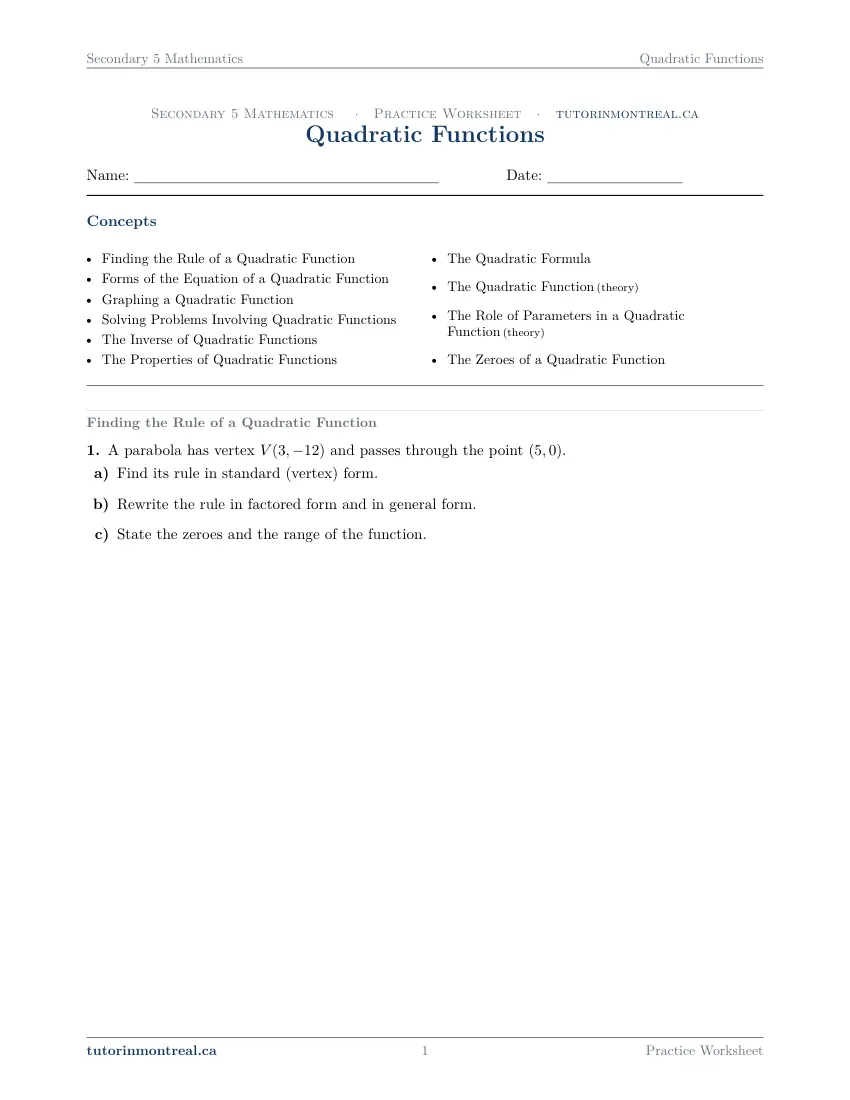 Page 1 of the Secondary 5 Math Quadratic Functions practice worksheet
