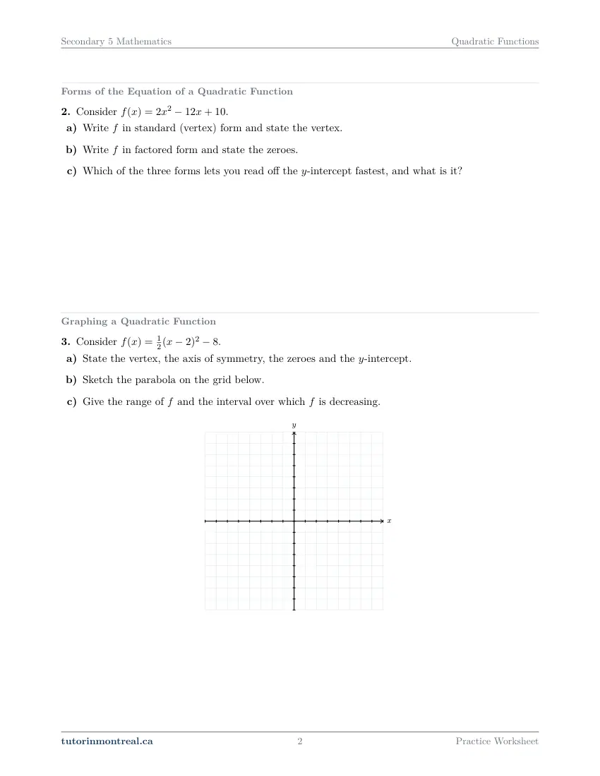 Page 2 of the Secondary 5 Math Quadratic Functions practice worksheet