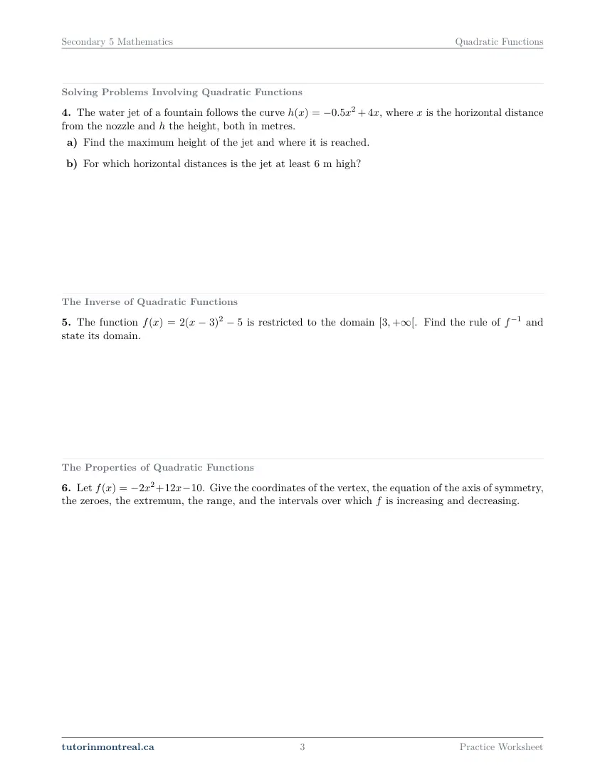 Page 3 of the Secondary 5 Math Quadratic Functions practice worksheet