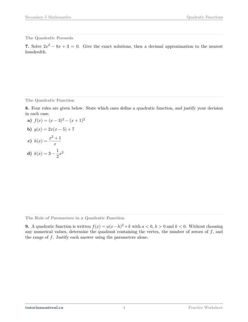 Page 4 of the Secondary 5 Math Quadratic Functions practice worksheet
