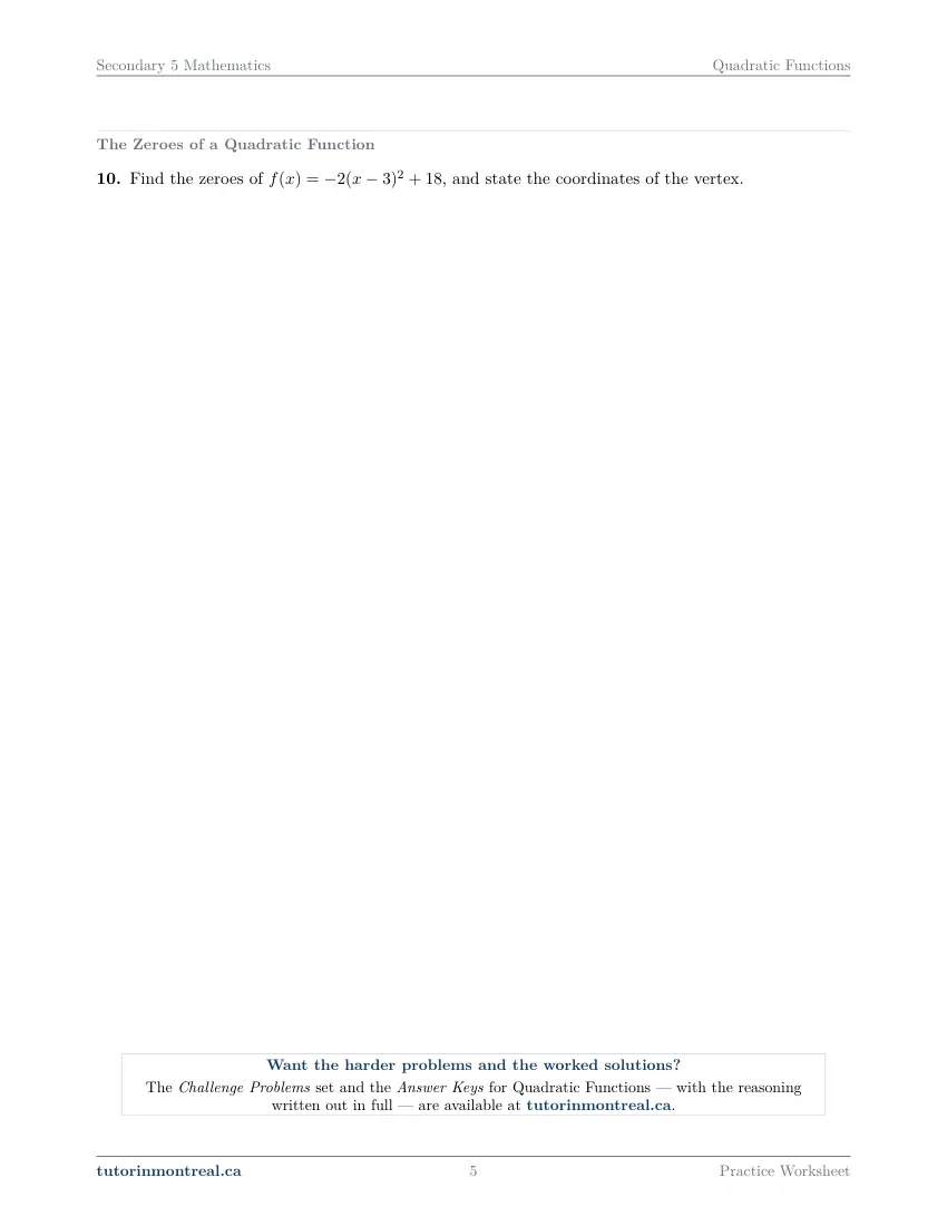 Page 5 of the Secondary 5 Math Quadratic Functions practice worksheet
