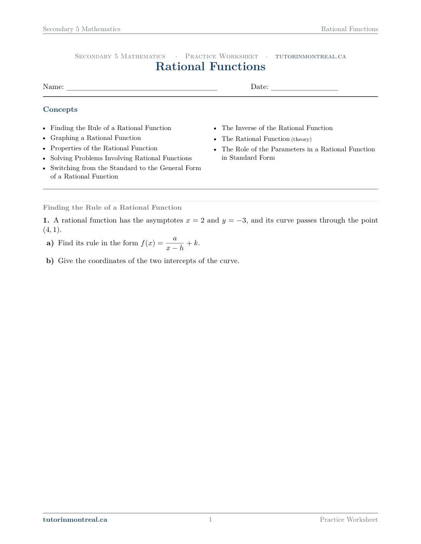 Page 1 of the Secondary 5 Math Rational Functions practice worksheet