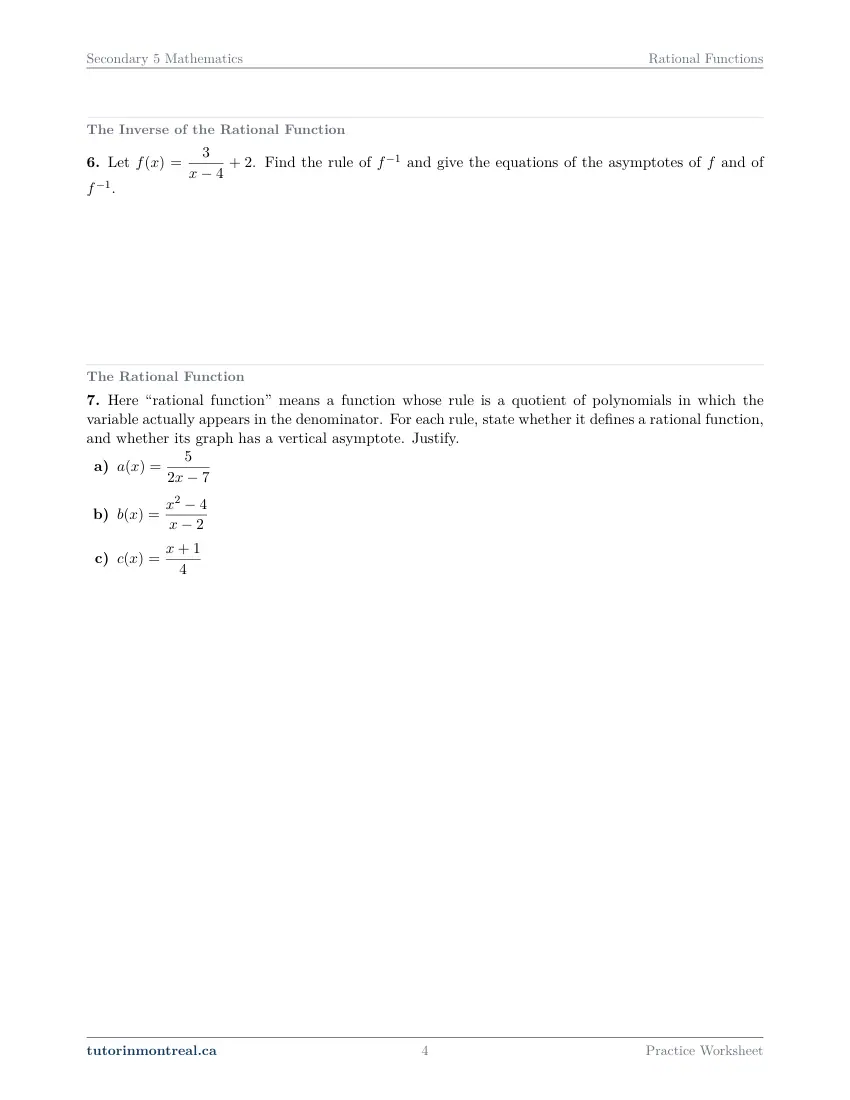 Page 4 of the Secondary 5 Math Rational Functions practice worksheet