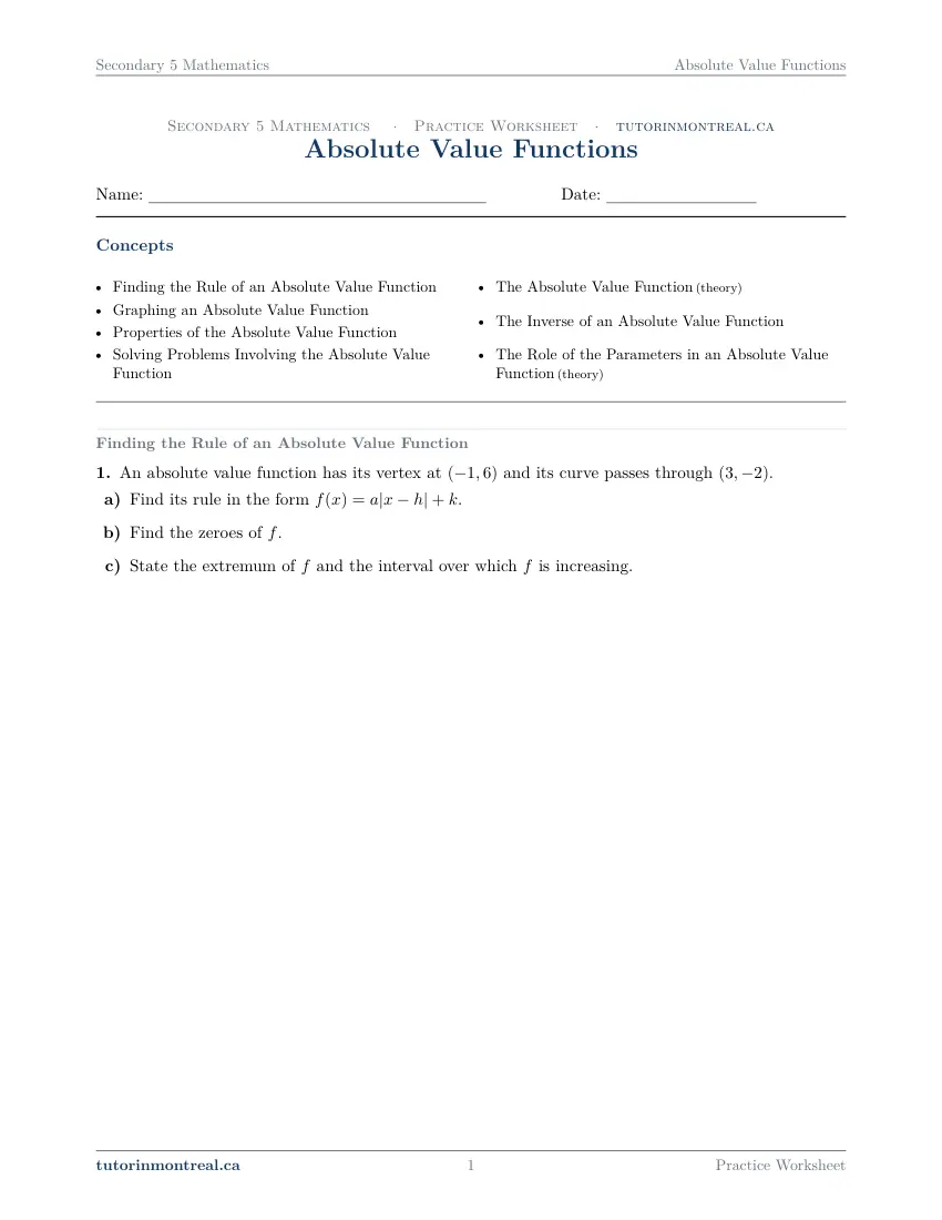 Page 1 of the Secondary 5 Math Absolute Value Functions practice worksheet