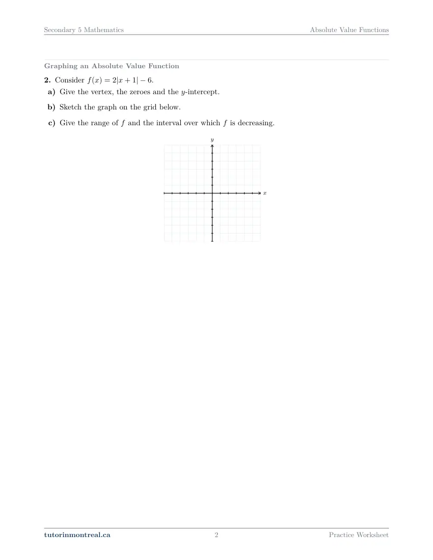 Page 2 of the Secondary 5 Math Absolute Value Functions practice worksheet