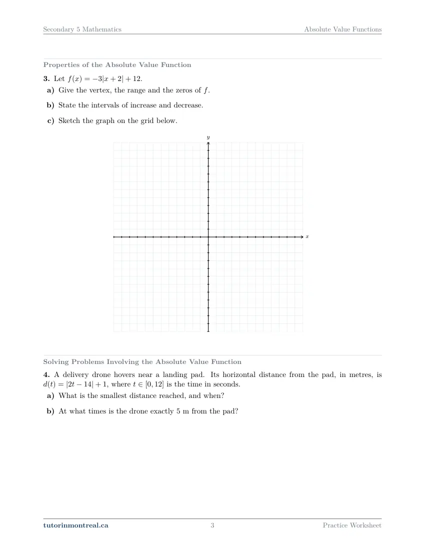 Page 3 of the Secondary 5 Math Absolute Value Functions practice worksheet