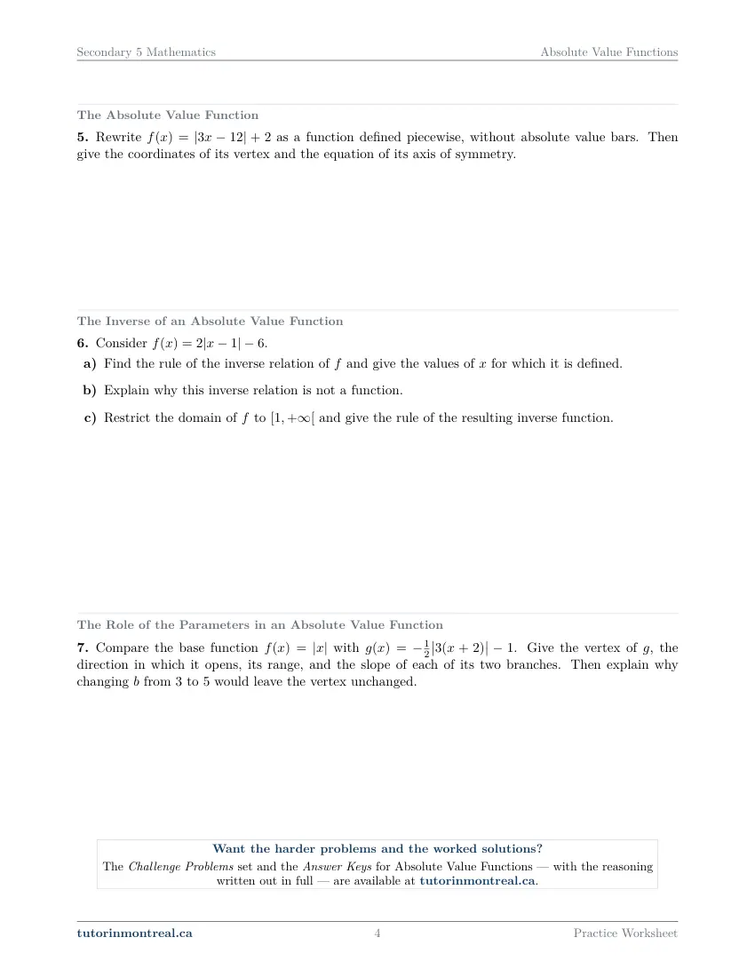 Page 4 of the Secondary 5 Math Absolute Value Functions practice worksheet