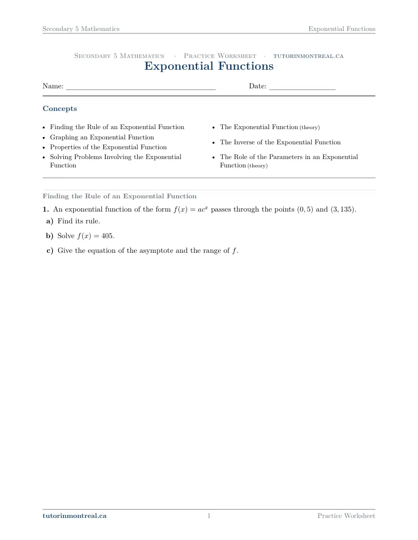 Page 1 of the Secondary 5 Math Exponential Functions practice worksheet