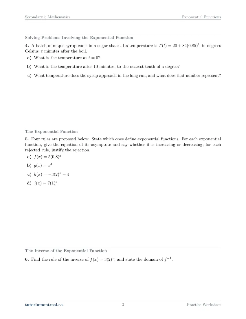 Page 3 of the Secondary 5 Math Exponential Functions practice worksheet