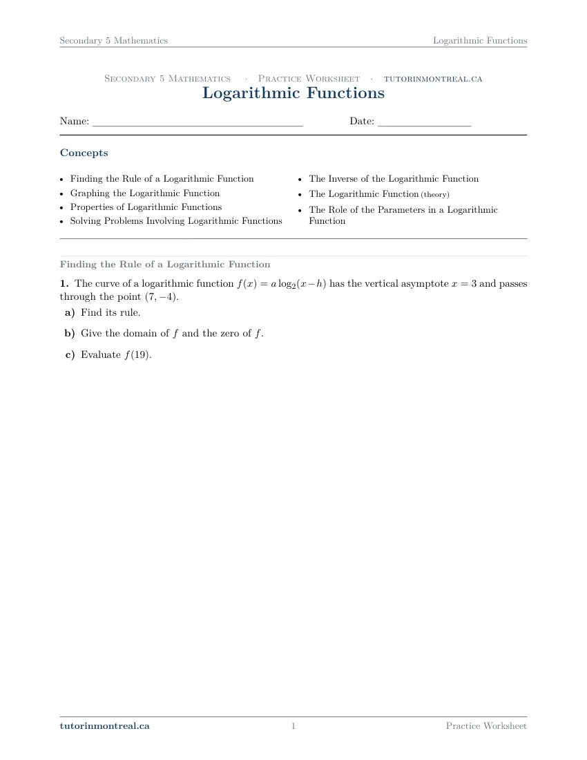 Page 1 of the Secondary 5 Math Logarithmic Functions practice worksheet