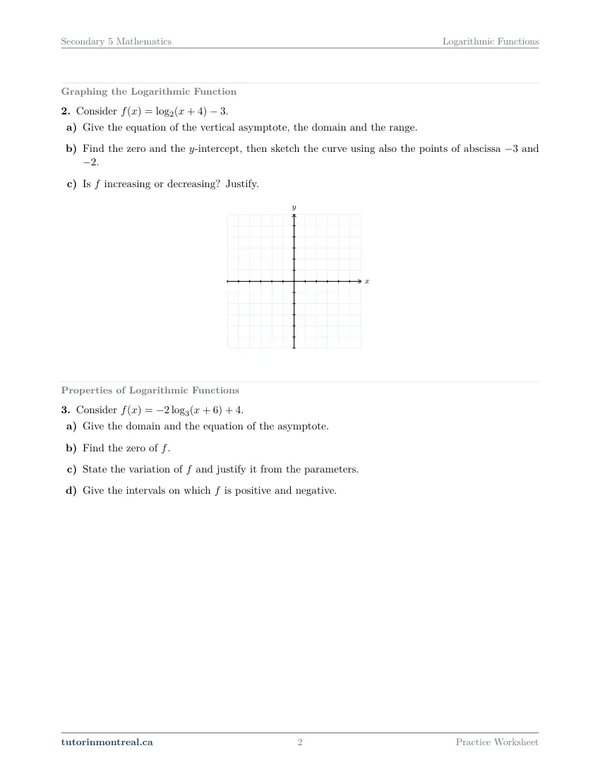 Page 2 of the Secondary 5 Math Logarithmic Functions practice worksheet