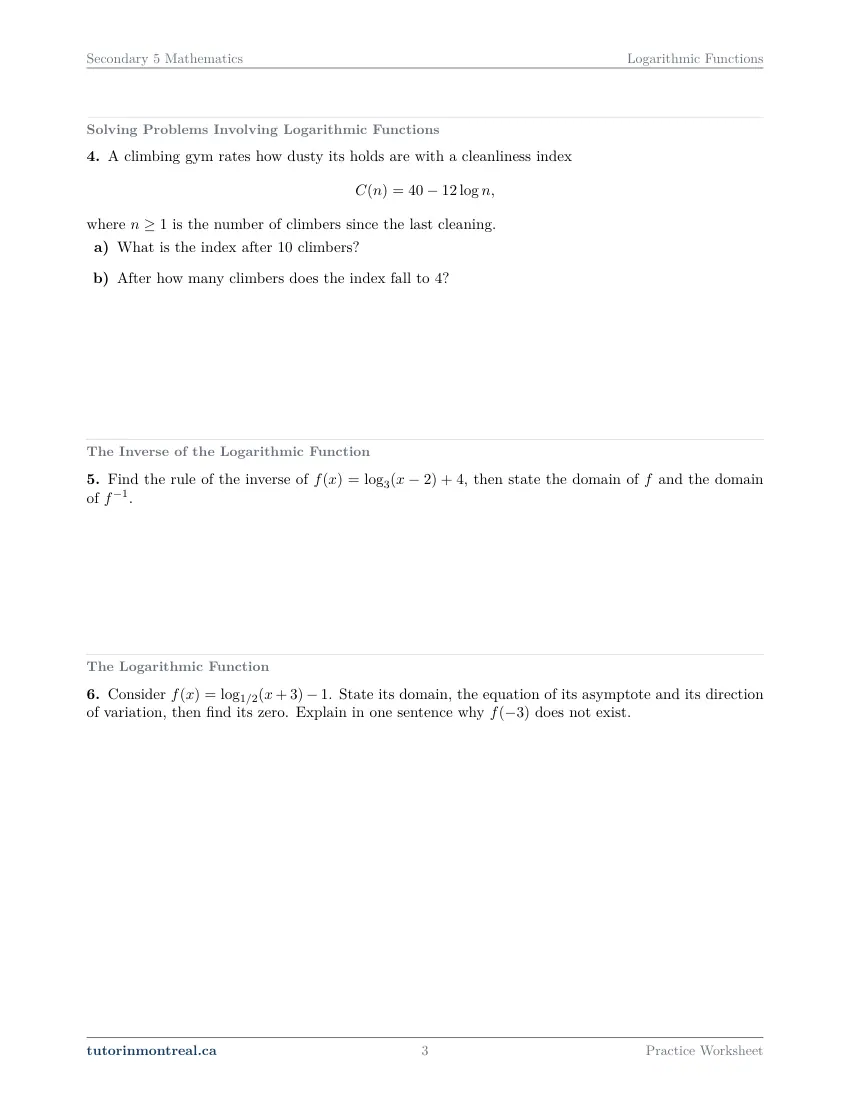 Page 3 of the Secondary 5 Math Logarithmic Functions practice worksheet