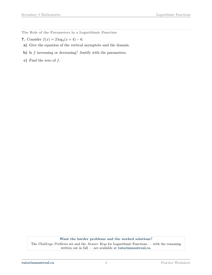 Page 4 of the Secondary 5 Math Logarithmic Functions practice worksheet