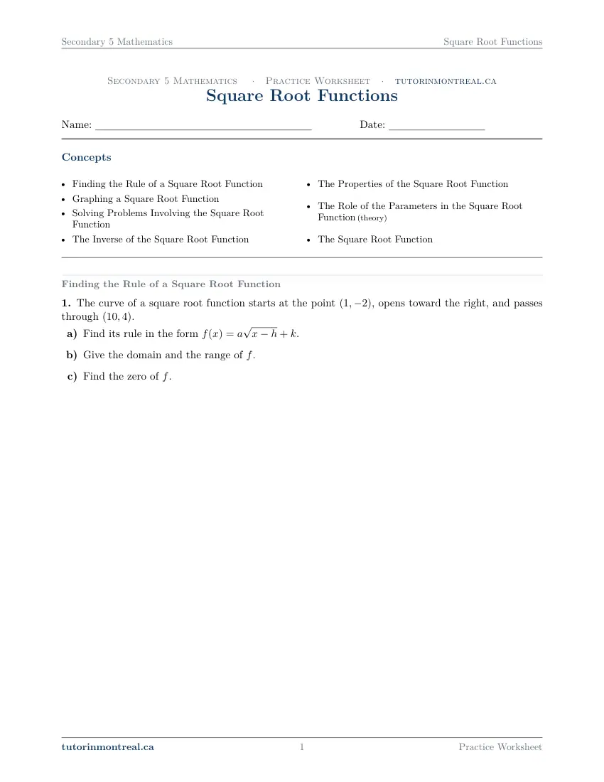 Page 1 of the Secondary 5 Math Square Root Functions practice worksheet