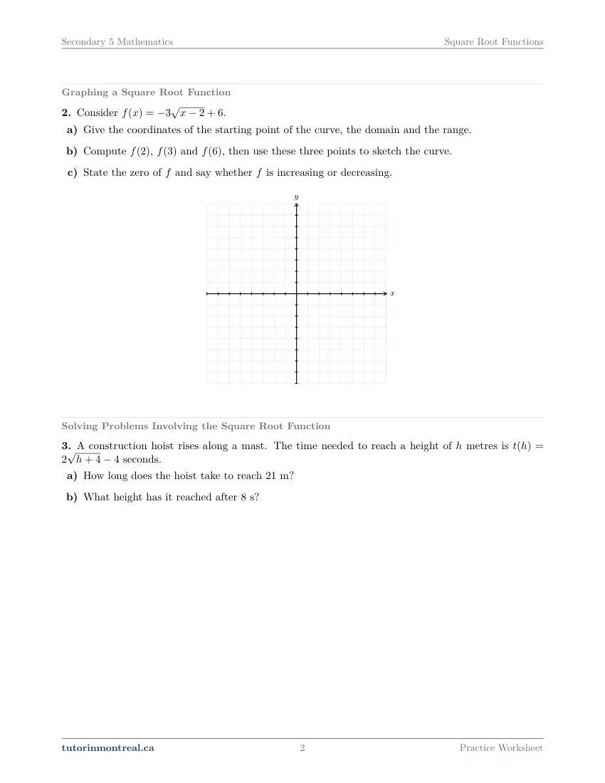 Page 2 of the Secondary 5 Math Square Root Functions practice worksheet