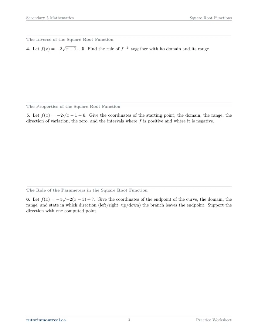 Page 3 of the Secondary 5 Math Square Root Functions practice worksheet