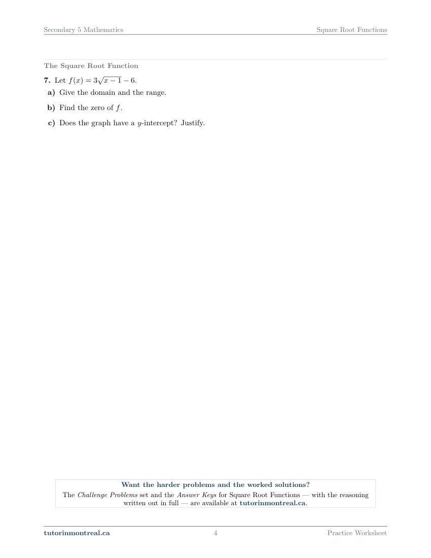 Page 4 of the Secondary 5 Math Square Root Functions practice worksheet