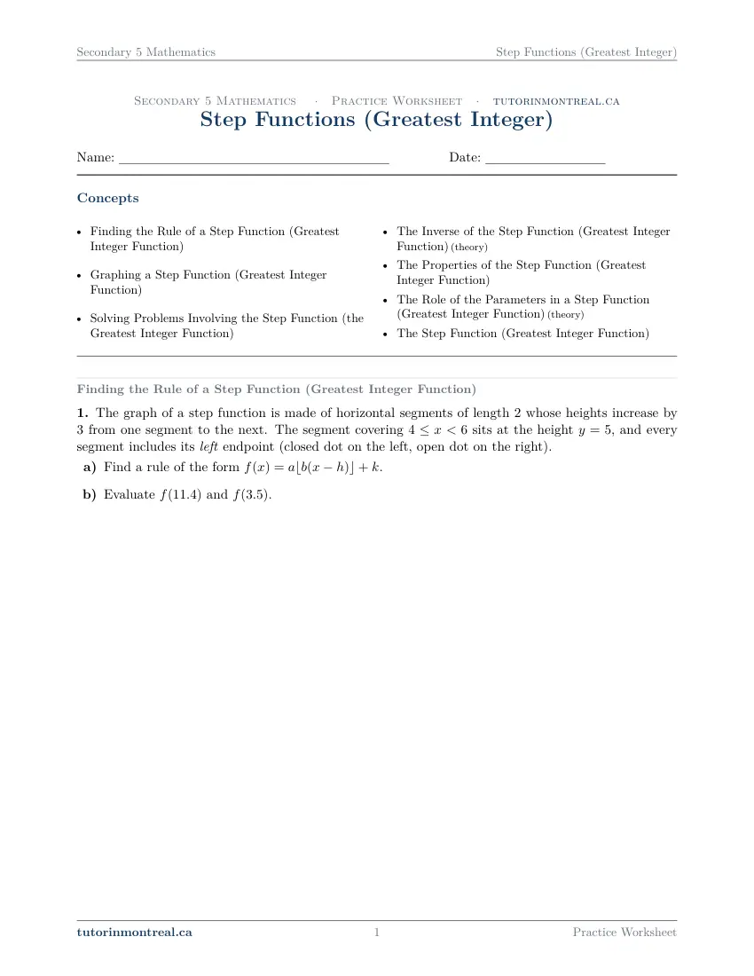 Page 1 of the Secondary 5 Math Step Functions (Greatest Integer) practice worksheet