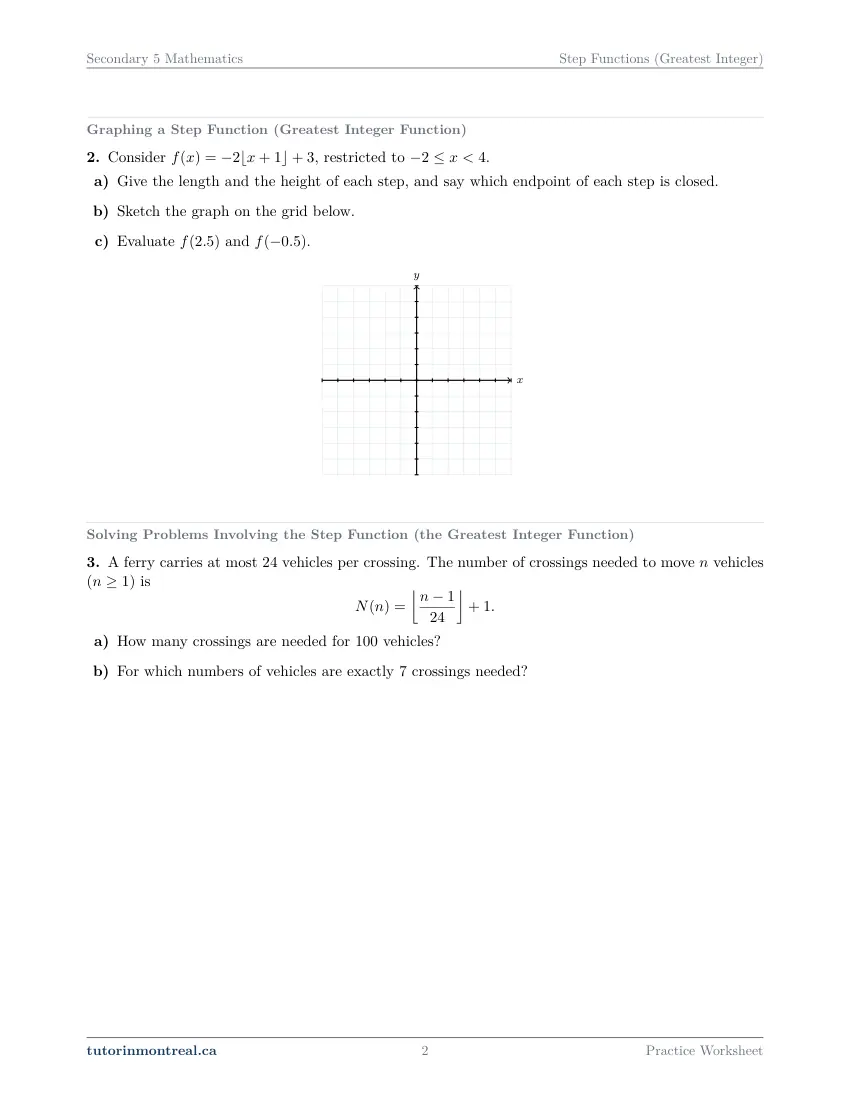 Page 2 of the Secondary 5 Math Step Functions (Greatest Integer) practice worksheet