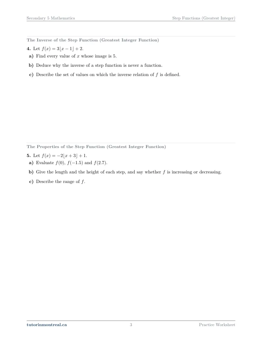 Page 3 of the Secondary 5 Math Step Functions (Greatest Integer) practice worksheet