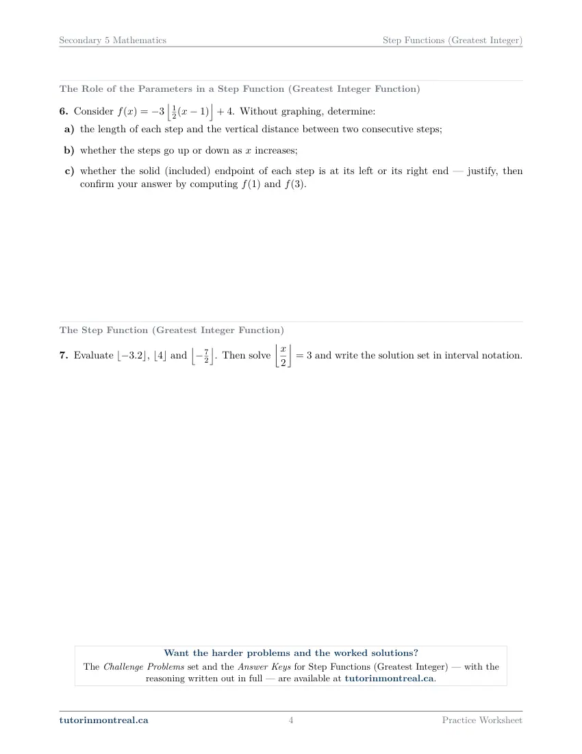Page 4 of the Secondary 5 Math Step Functions (Greatest Integer) practice worksheet