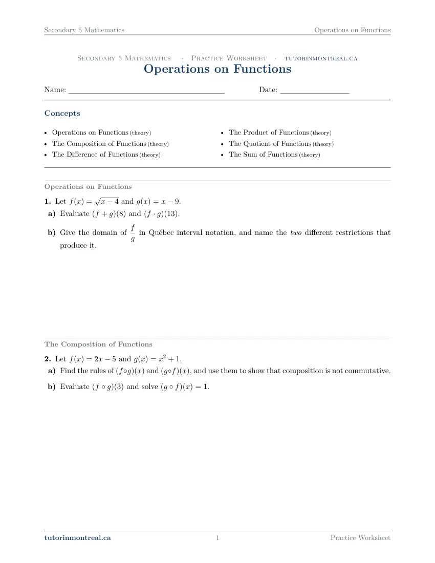 Page 1 of the Secondary 5 Math Operations on Functions practice worksheet