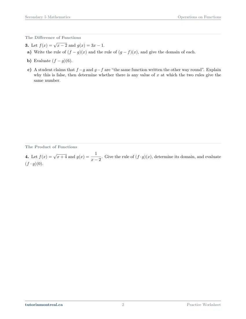 Page 2 of the Secondary 5 Math Operations on Functions practice worksheet