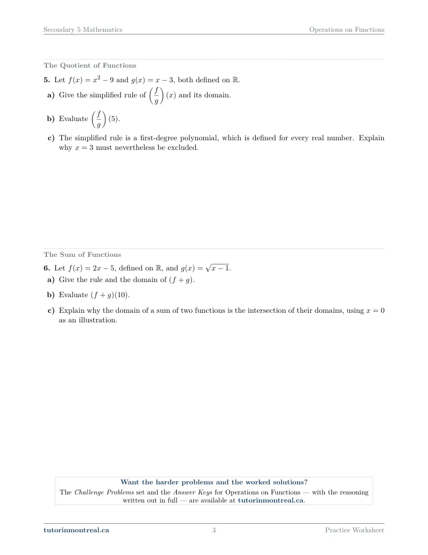 Page 3 of the Secondary 5 Math Operations on Functions practice worksheet