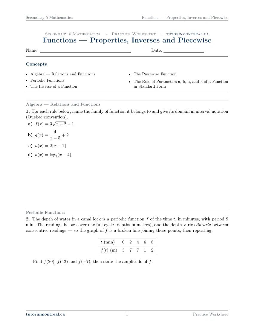 Page 1 of the Secondary 5 Math Functions - Properties, Inverses and Piecewise practice worksheet