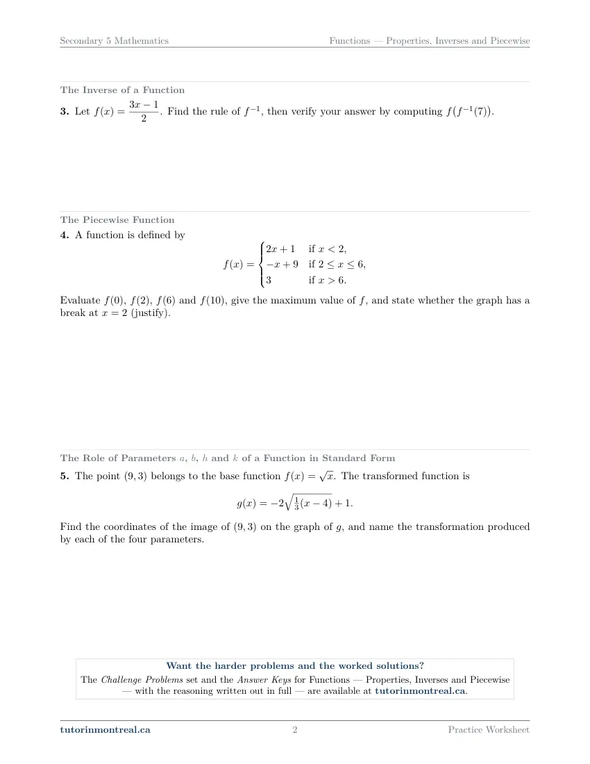 Page 2 of the Secondary 5 Math Functions - Properties, Inverses and Piecewise practice worksheet
