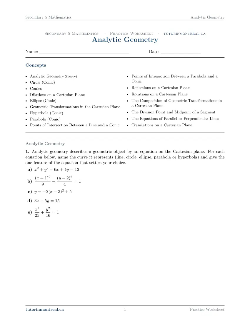 Page 1 of the Secondary 5 Math Analytic Geometry practice worksheet