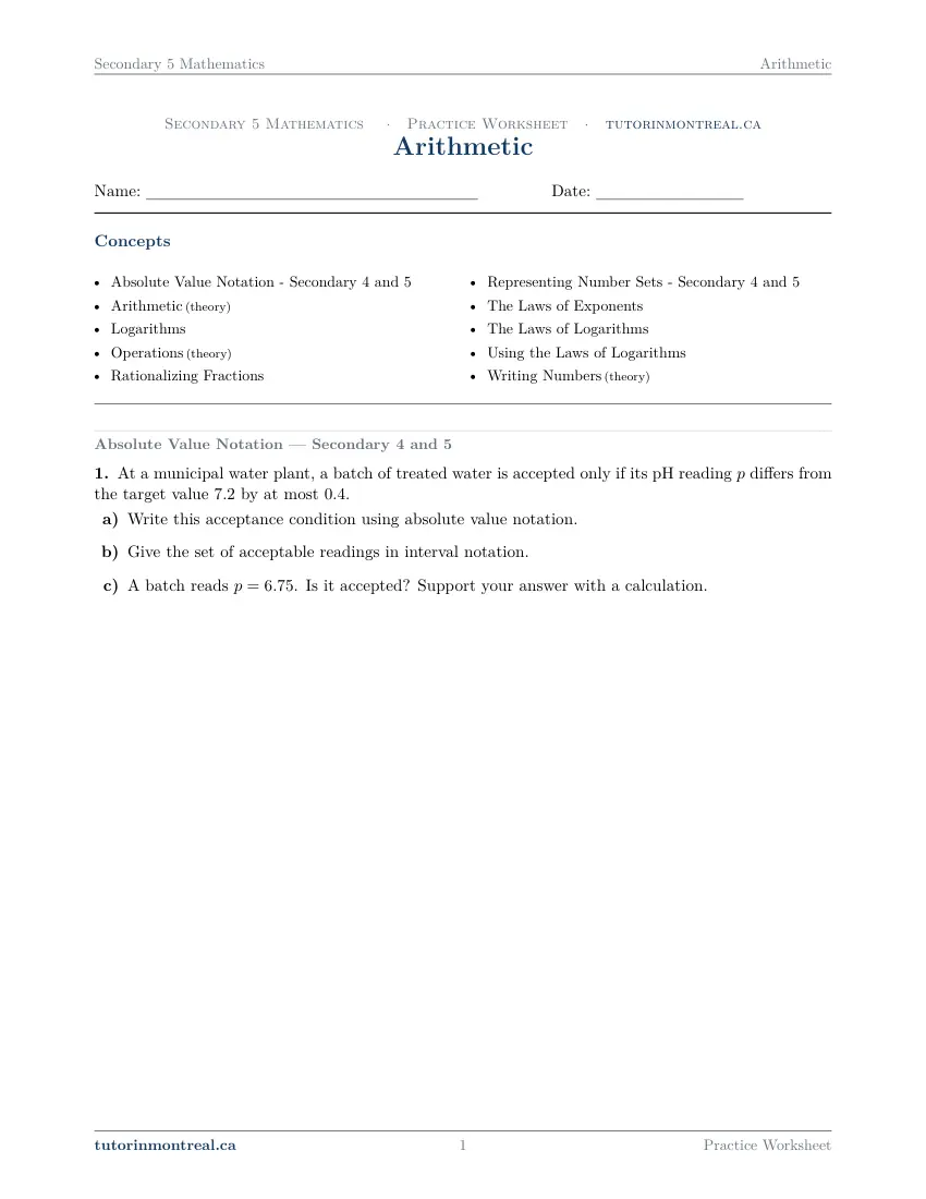 Page 1 of the Secondary 5 Math Arithmetic practice worksheet