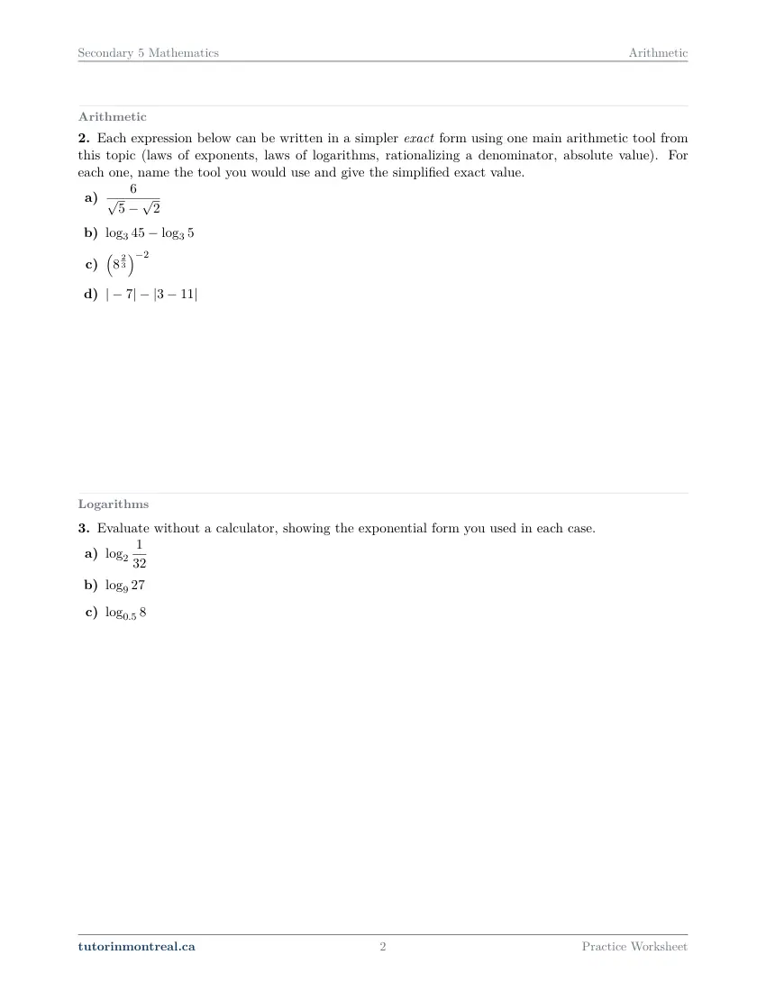 Page 2 of the Secondary 5 Math Arithmetic practice worksheet