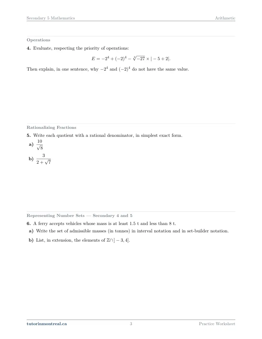 Page 3 of the Secondary 5 Math Arithmetic practice worksheet