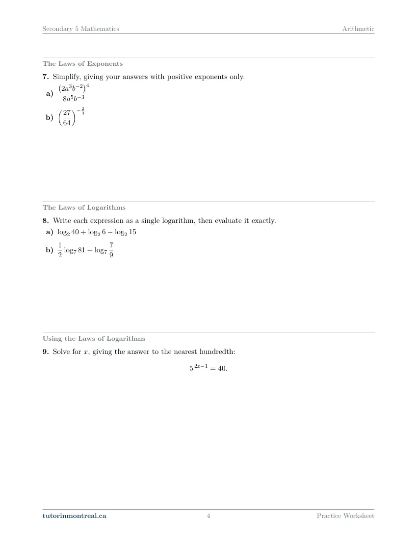 Page 4 of the Secondary 5 Math Arithmetic practice worksheet