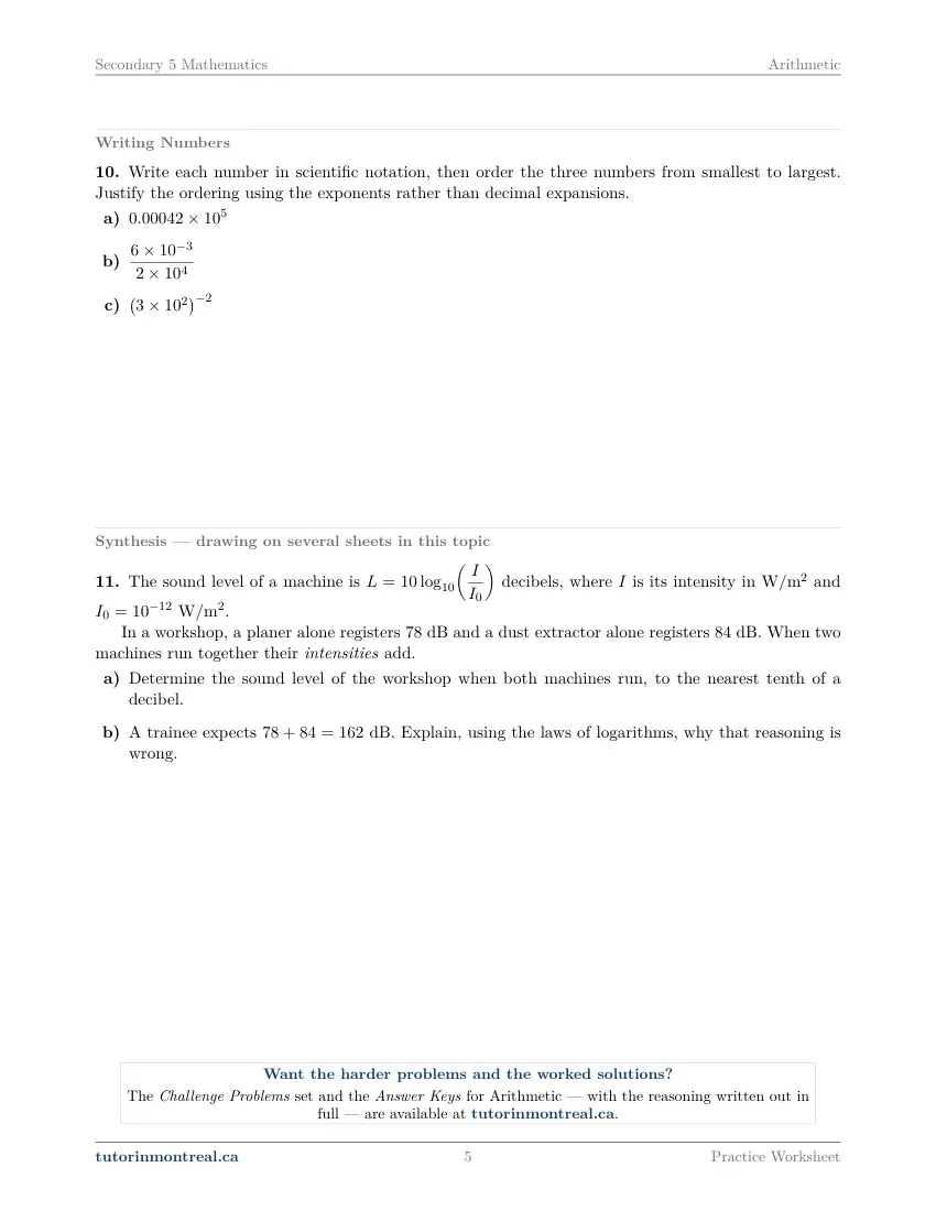 Page 5 of the Secondary 5 Math Arithmetic practice worksheet