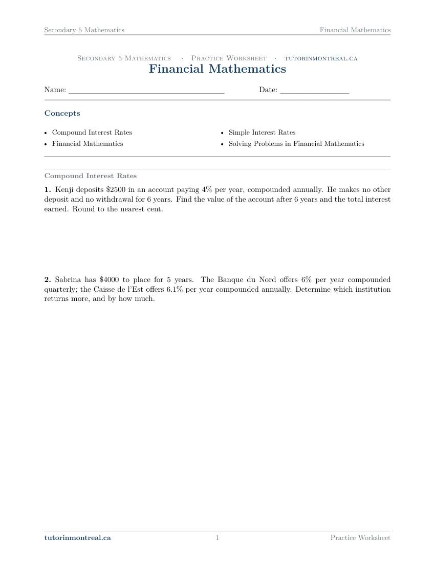 Page 1 of the Secondary 5 Math Financial Mathematics practice worksheet