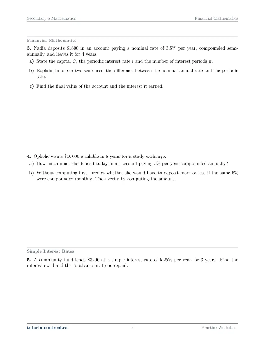 Page 2 of the Secondary 5 Math Financial Mathematics practice worksheet