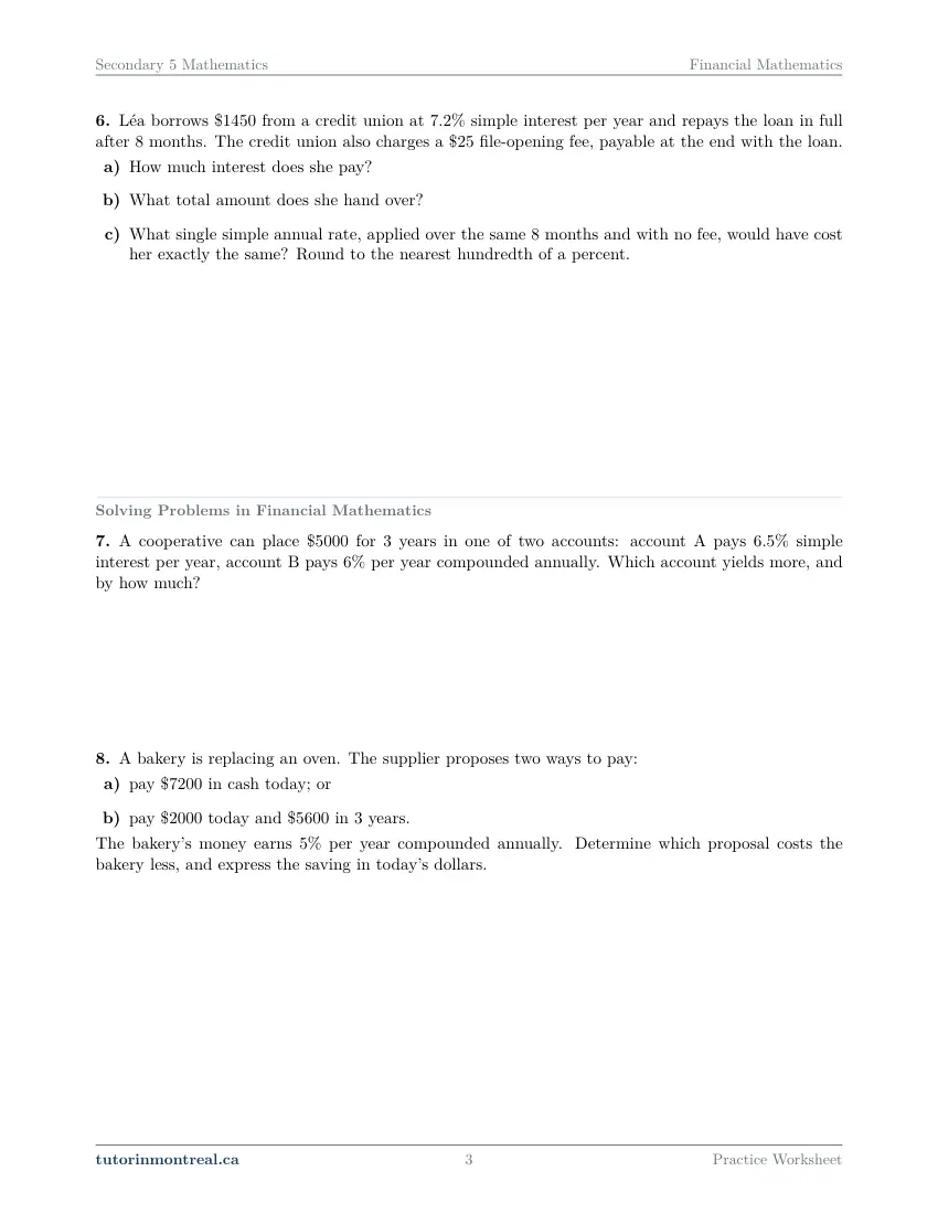 Page 3 of the Secondary 5 Math Financial Mathematics practice worksheet